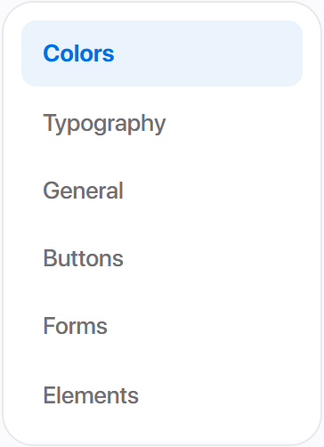 The six sub-sections, down the left of the editor.