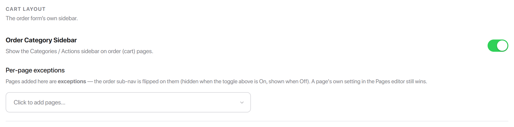 The order form's own sidebar, and its exception picker.