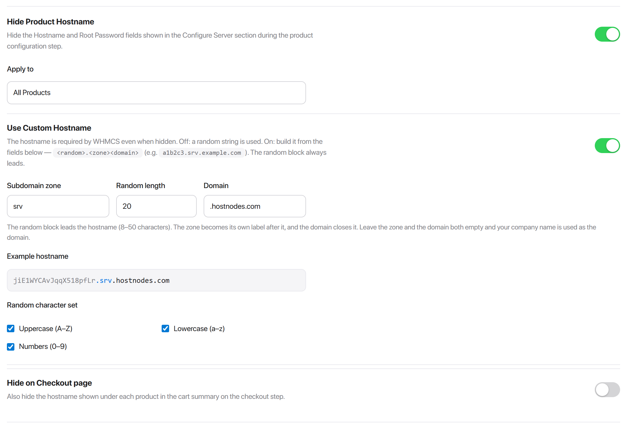 Hostname hidden for all products, with the hostname builder open underneath.