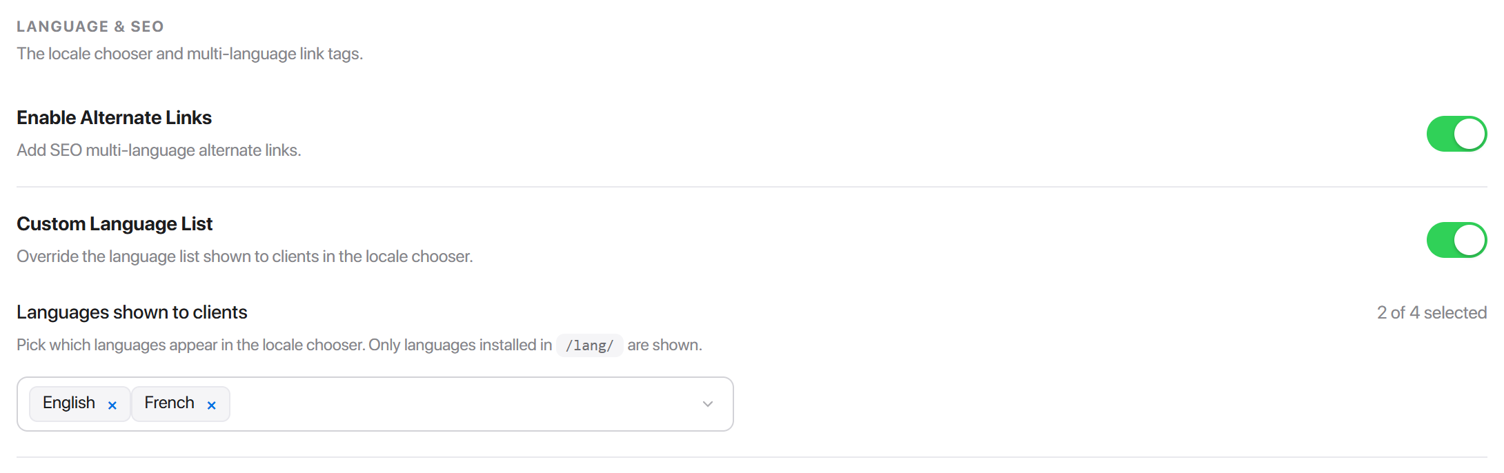Alternate links, and the language picker revealed under Custom Language List.