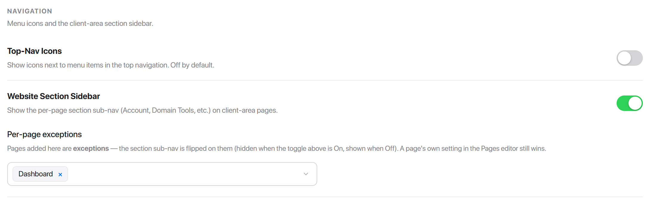Two toggles, and the exception picker under the second.